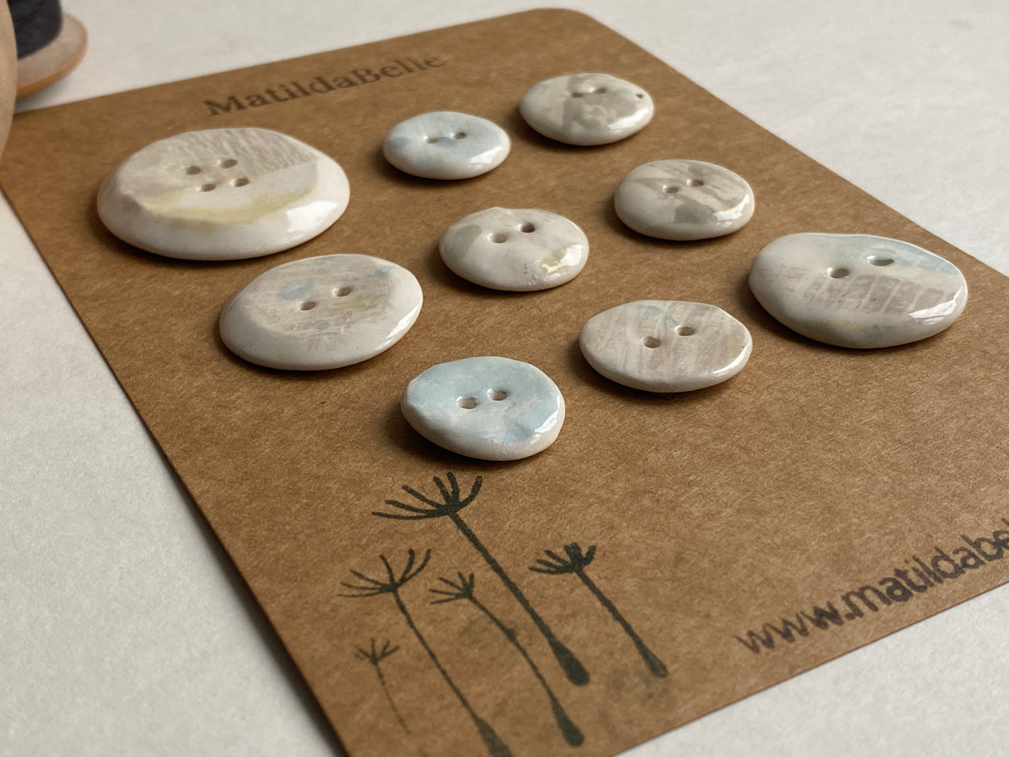 Buttons set of 9,  Mixed size Handmade Mono Printed  Ceramic Buttons