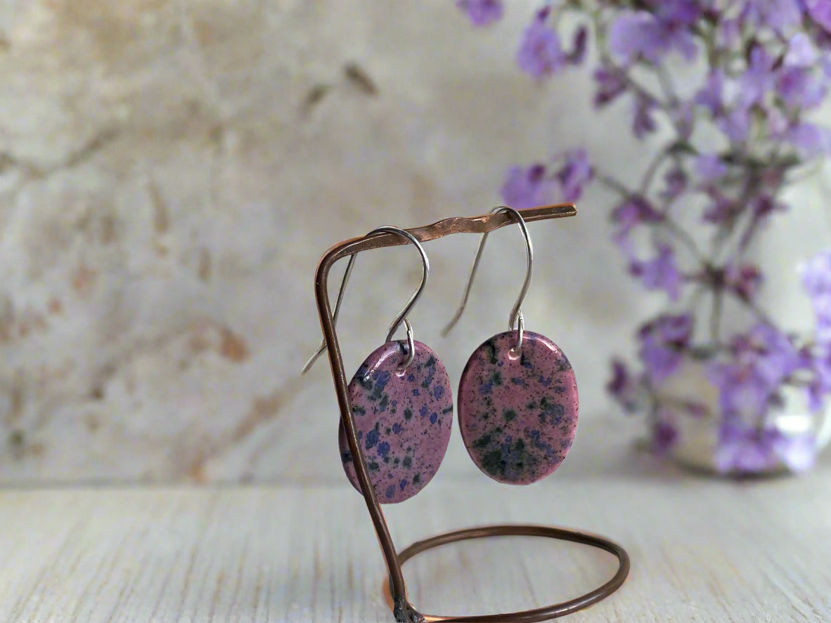 Ceramic Contemporary Dangle Earrings - Purple Blast Glaze - Handmade Recycled Silver Wires