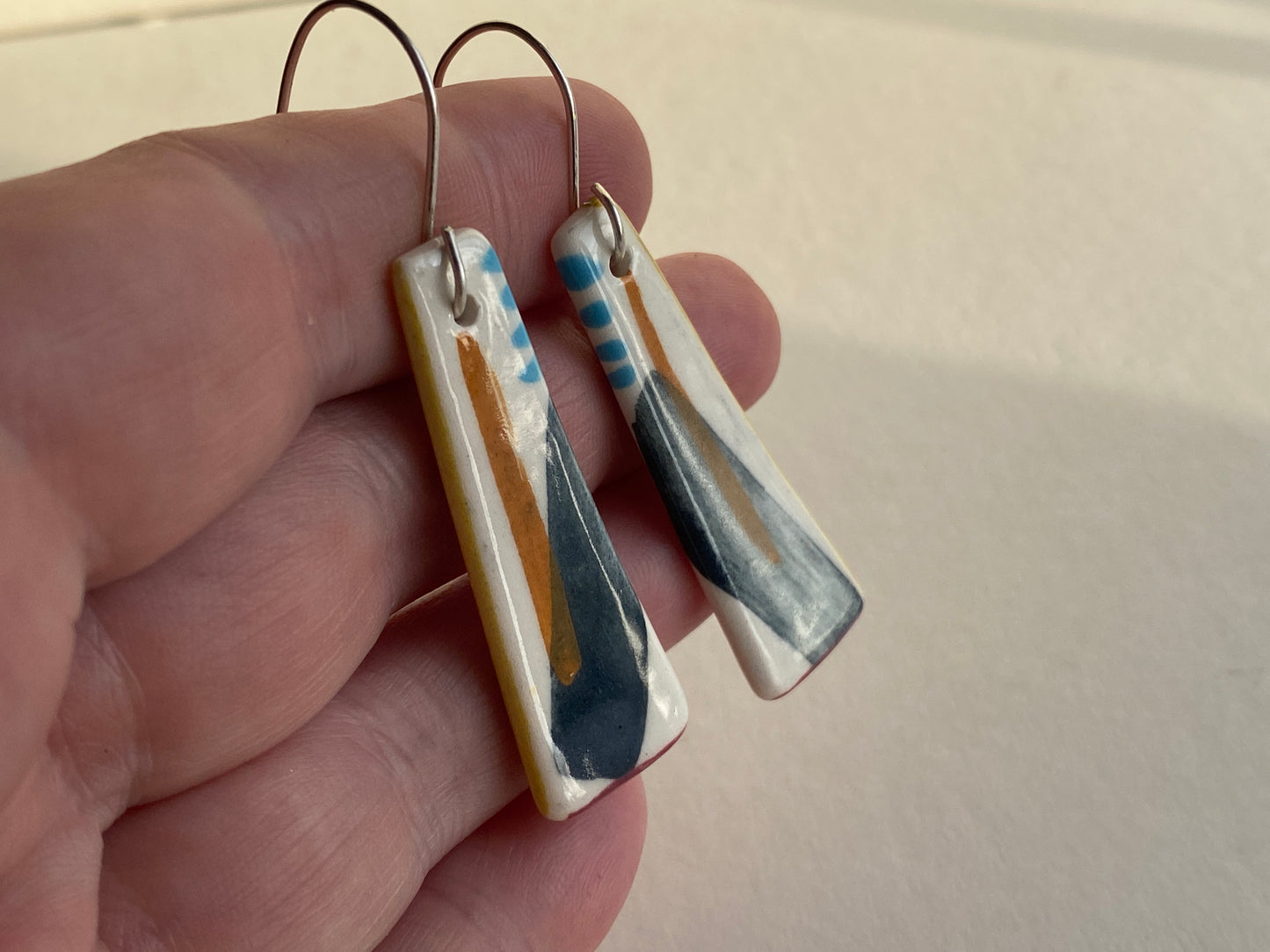 Ceramic painterly Dangle Earrings - Navy Blue Glaze - Handmade Recycled Silver Wires