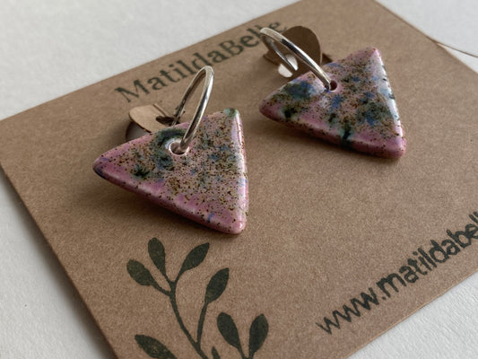 Silver Hoops with Purple glazed ceramic triangles