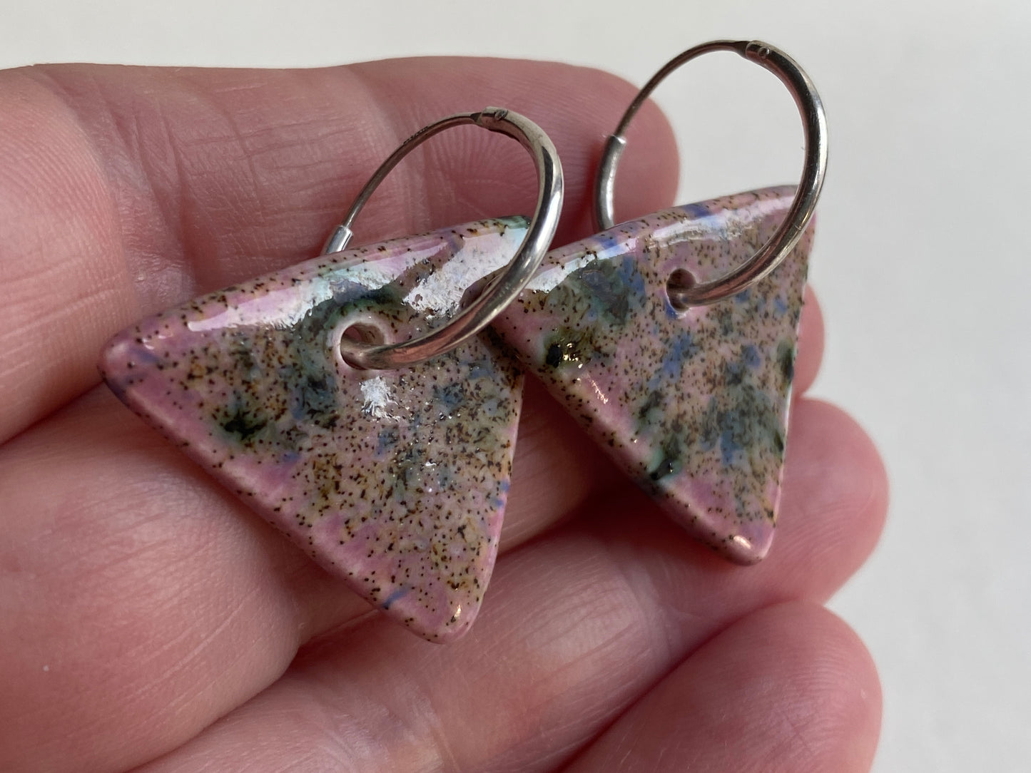 Silver Hoops with Purple glazed ceramic triangles