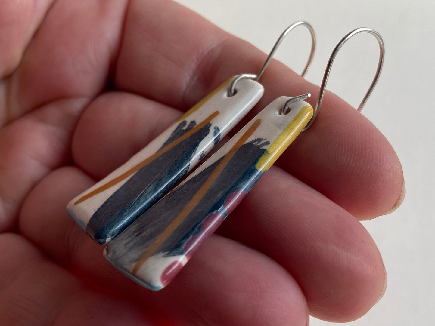 Ceramic painterly Dangle Earrings - Navy Blue Glaze - Handmade Recycled Silver Wires