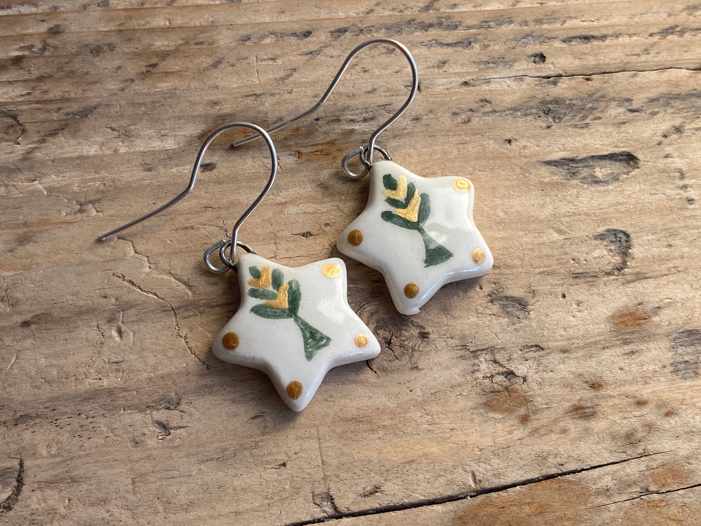 Folk Art Green Tree Handmade Dangly Earrings with Sterling Silver