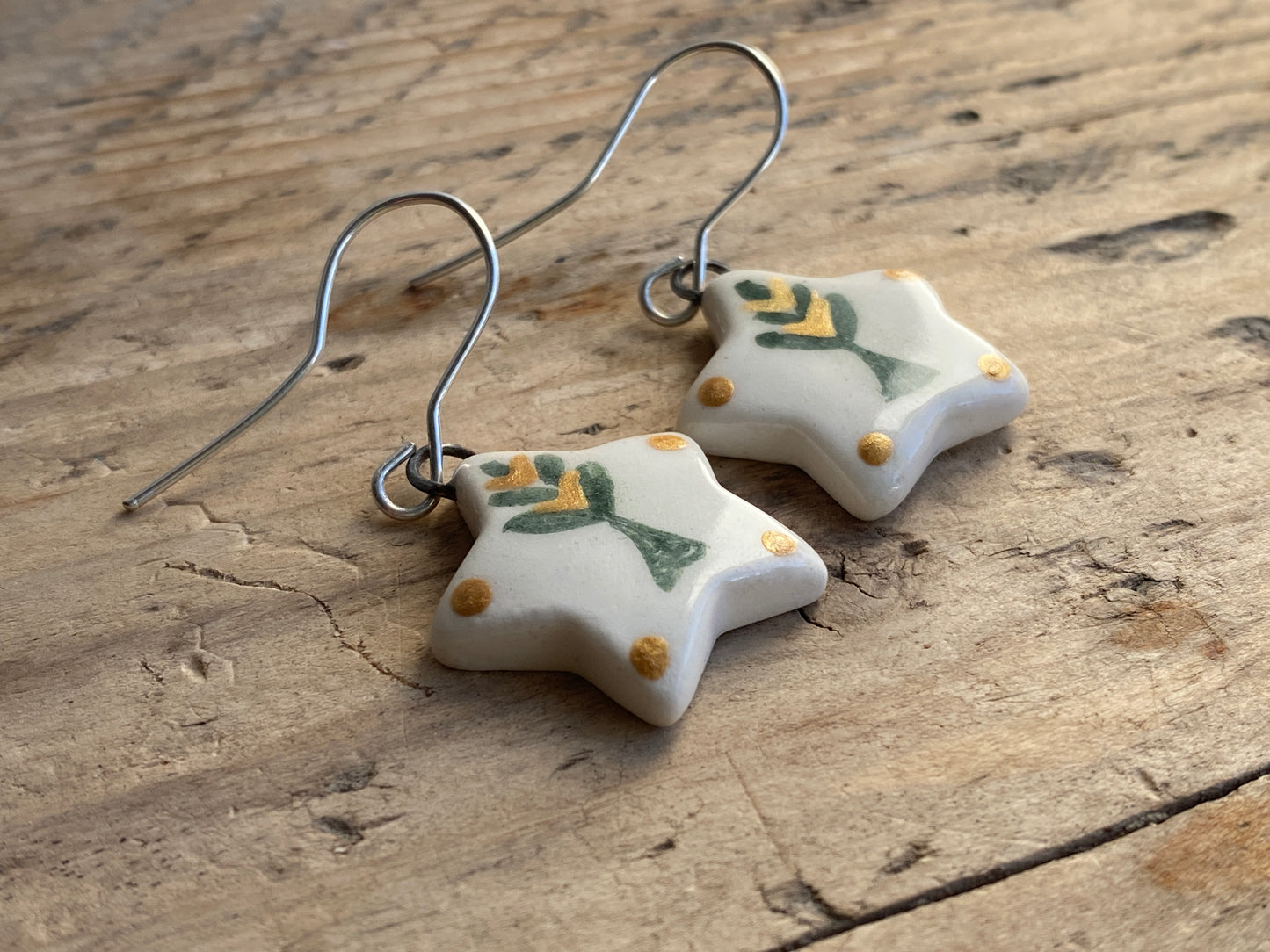 Folk Art Green Tree Handmade Dangly Earrings with Sterling Silver