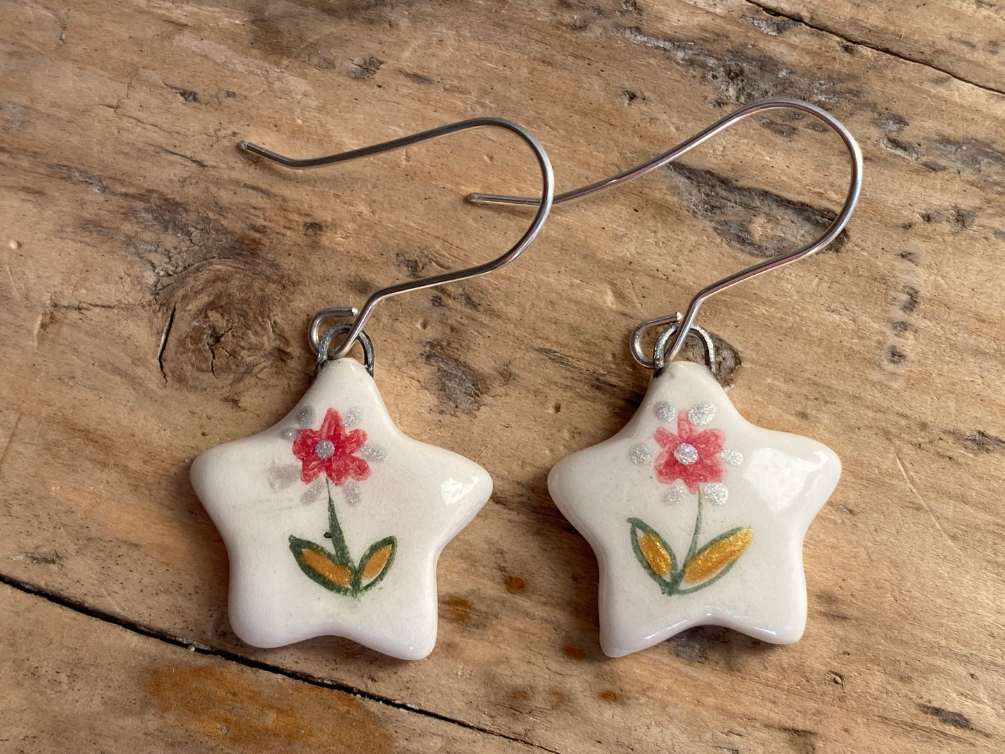 Folk Art Red Flower Handmade Dangly Earrings with Sterling Silver