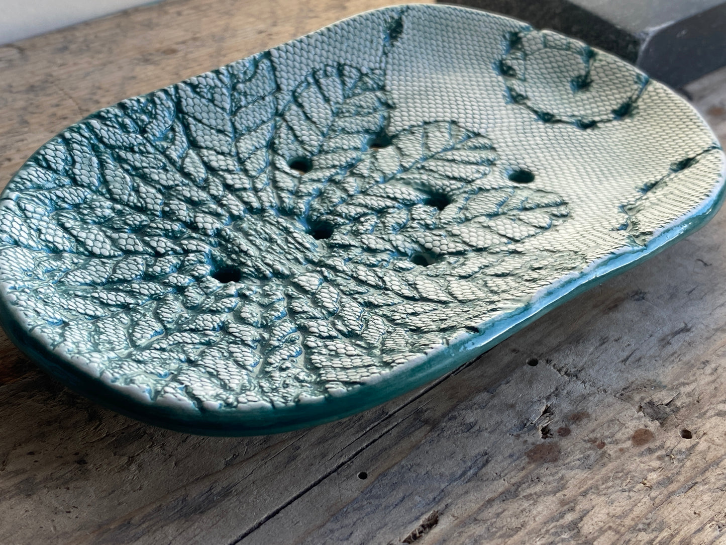Handmade Green Ceramic Soap Dish with Drainage ,large oval