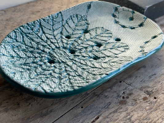 Handmade Green Ceramic Soap Dish with Drainage ,large oval