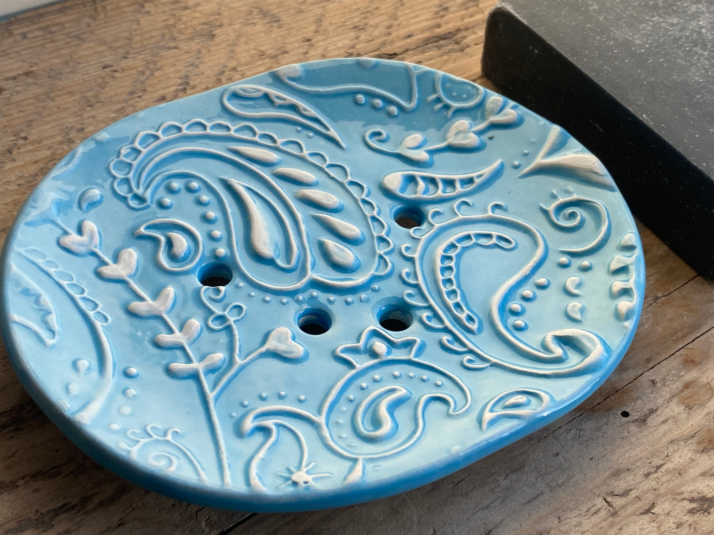 Soap Dish Handmade Ceramic -Paisley design Sky Blue