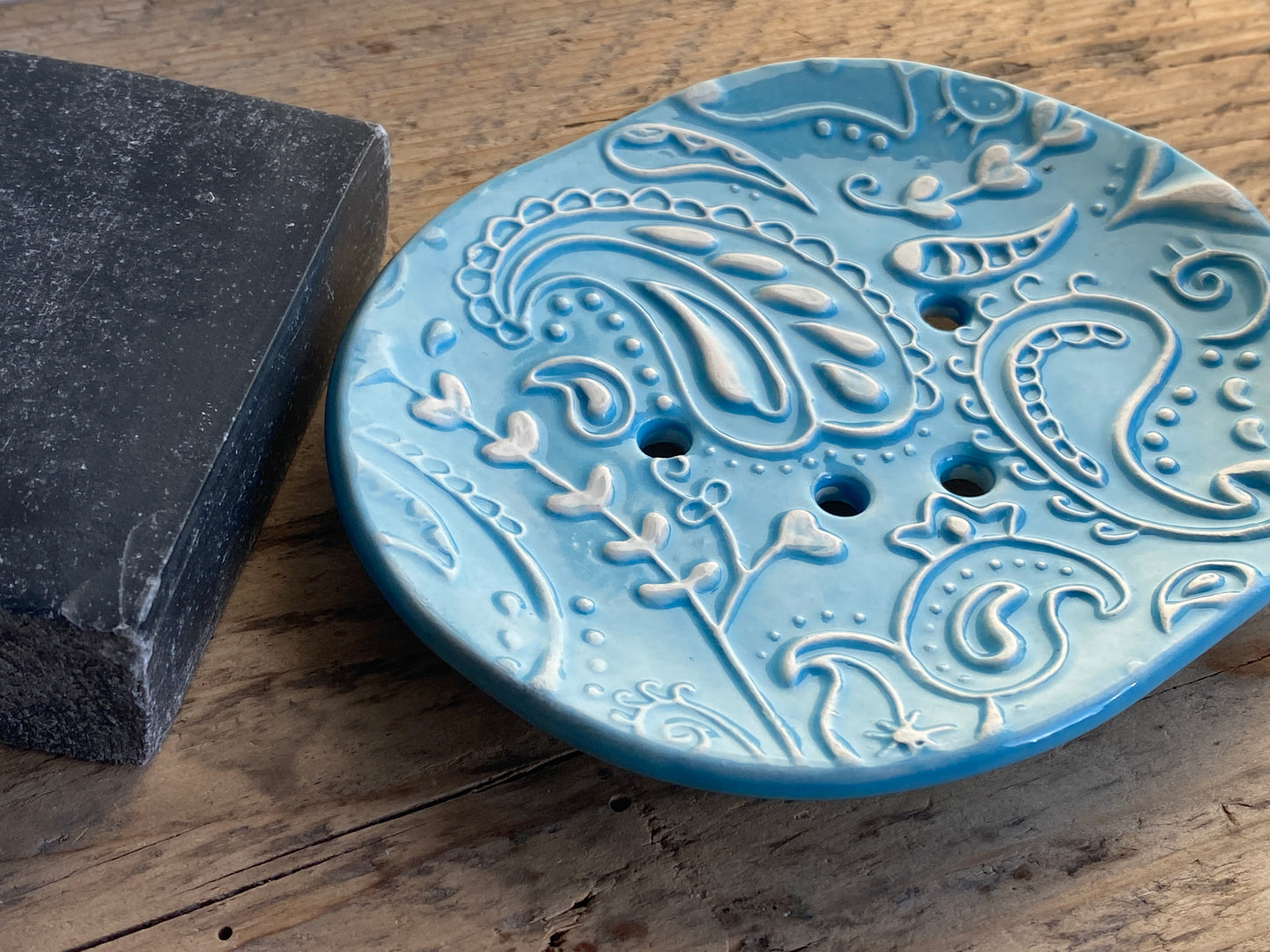 Soap Dish Handmade Ceramic -Paisley design Sky Blue