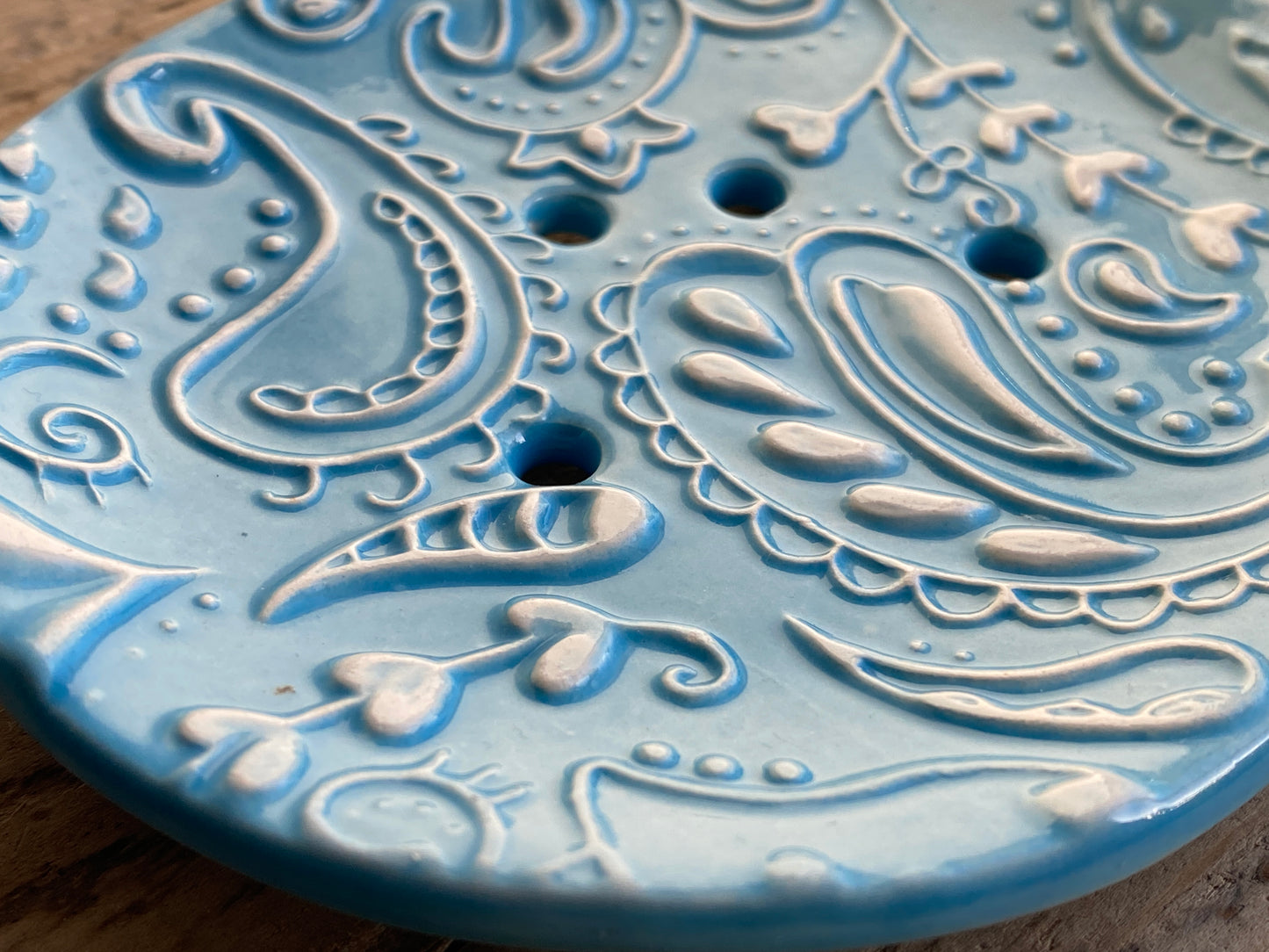 Soap Dish Handmade Ceramic -Paisley design Sky Blue