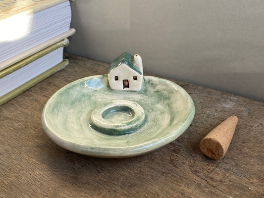 Incense cone holder with little cottage