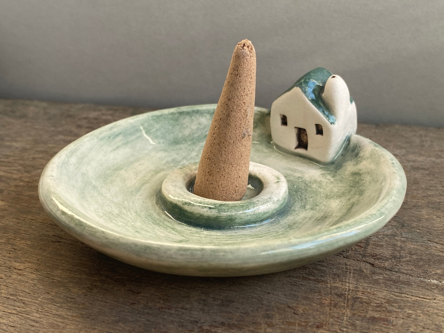 Incense cone holder with little cottage