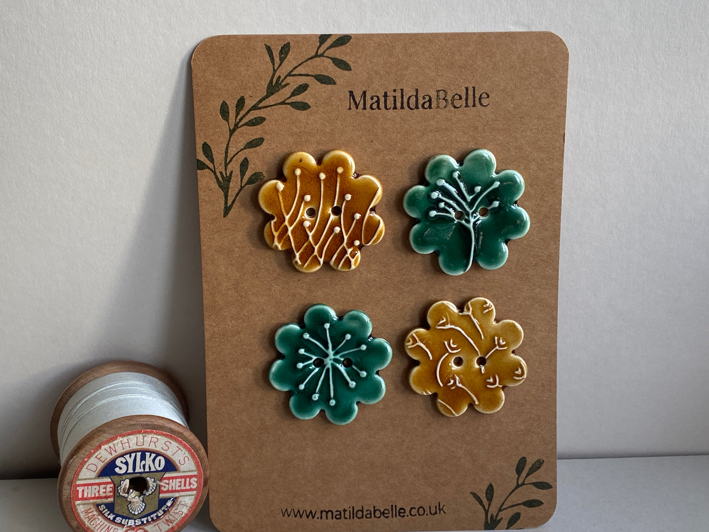 37mm Buttons set of 4 Large Botanical Flower Handmade Ceramic Buttons