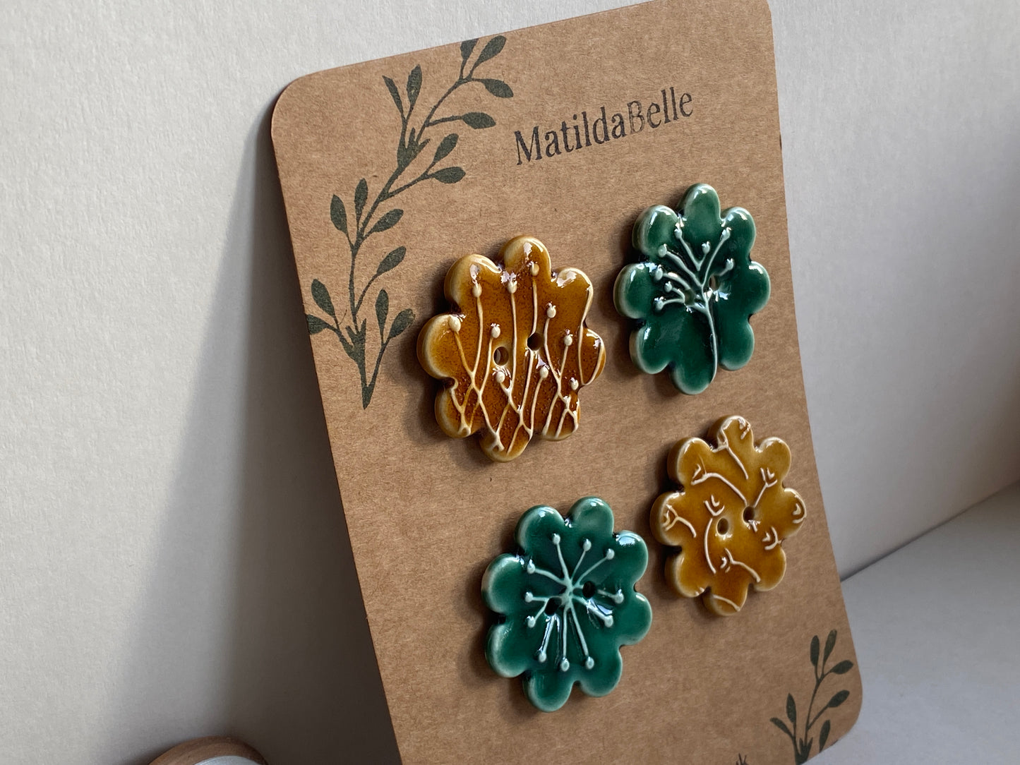 37mm Buttons set of 4 Large Botanical Flower Handmade Ceramic Buttons