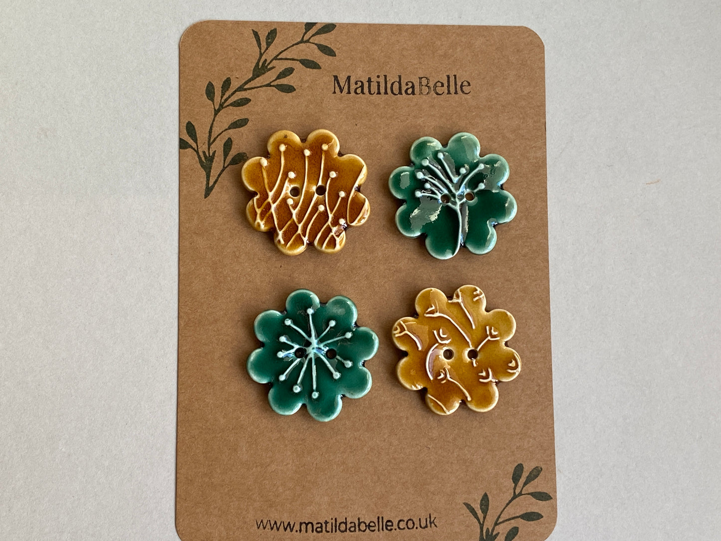 37mm Buttons set of 4 Large Botanical Flower Handmade Ceramic Buttons