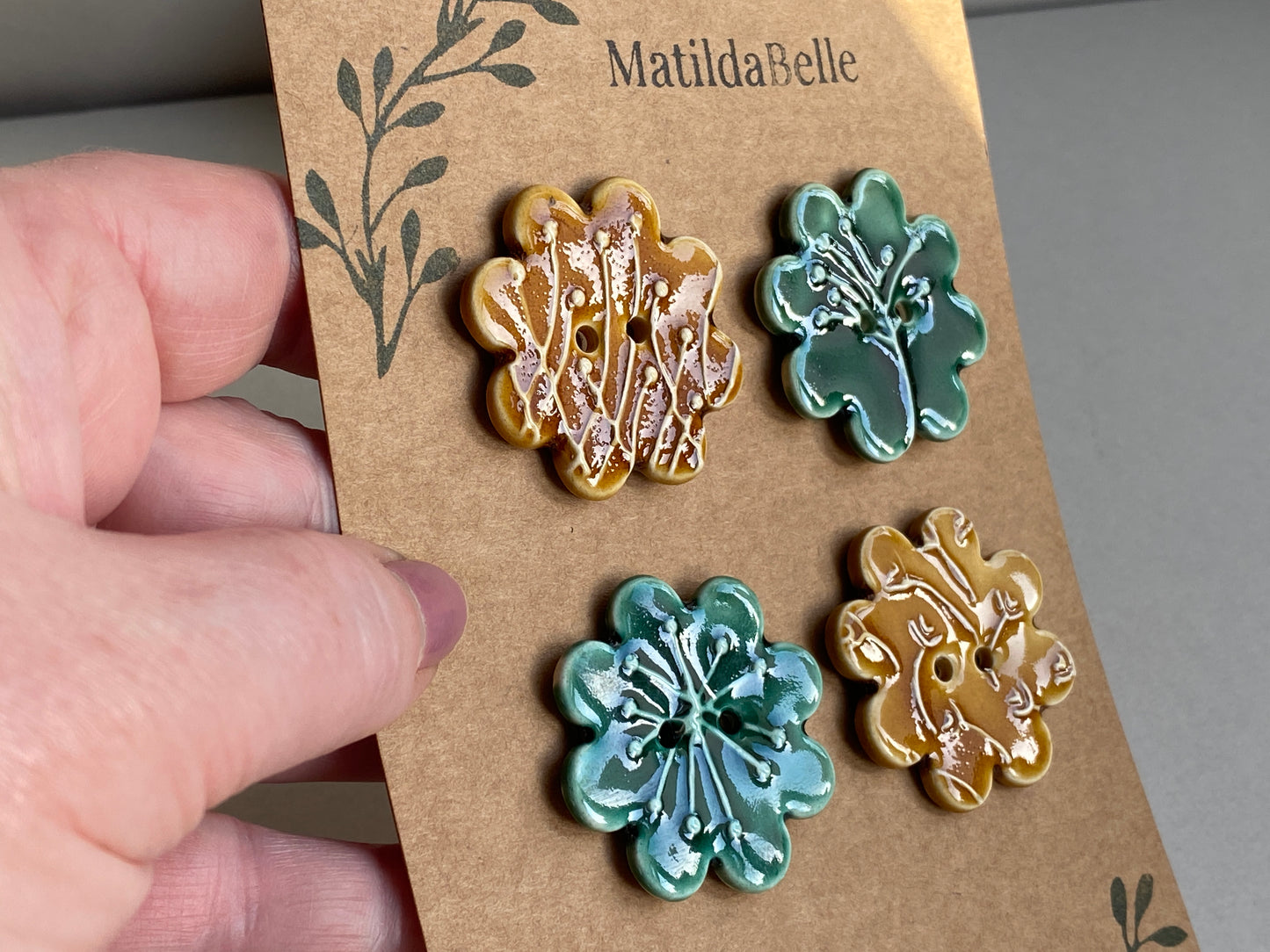 37mm Buttons set of 4 Large Botanical Flower Handmade Ceramic Buttons
