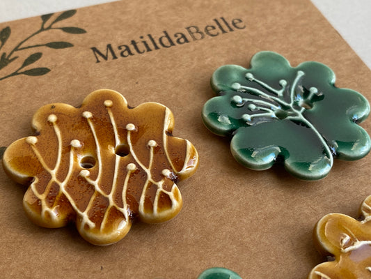 37mm Buttons set of 4 Large Botanical Flower Handmade Ceramic Buttons