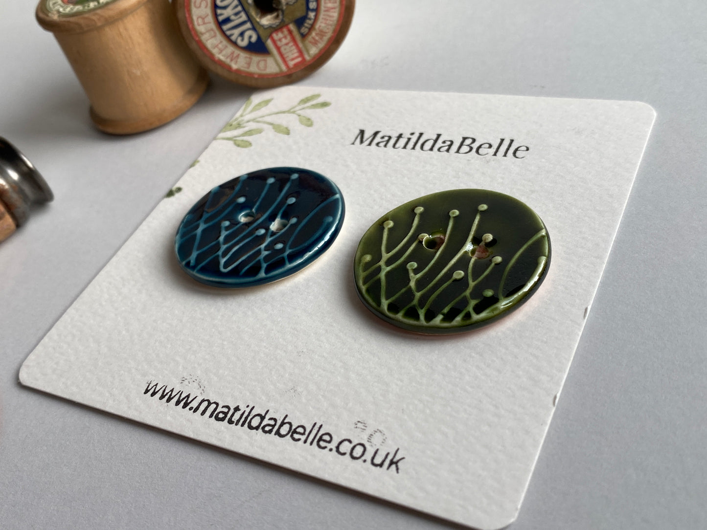 35mm Large Pair of Botanical Handmade Buttons Green & Blue