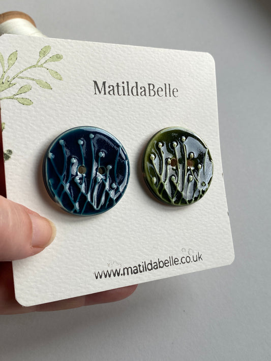 35mm Large Pair of Botanical Handmade Buttons Green & Blue