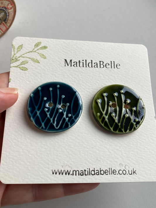 35mm Large Pair of Botanical Handmade Buttons Green & Blue
