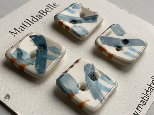 25mm Buttons Handmade square set of 4, Coastal Blues
