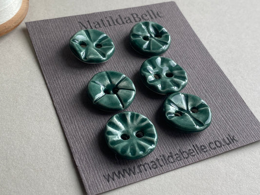 17mm Set of six round handmade Ceramic Green buttons 17mm , vintage inspired