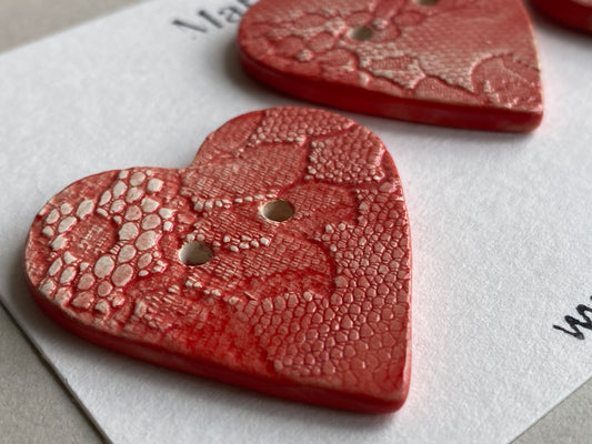 Handmade 38mm Ceramic heart Buttons Large Vintage red Lace