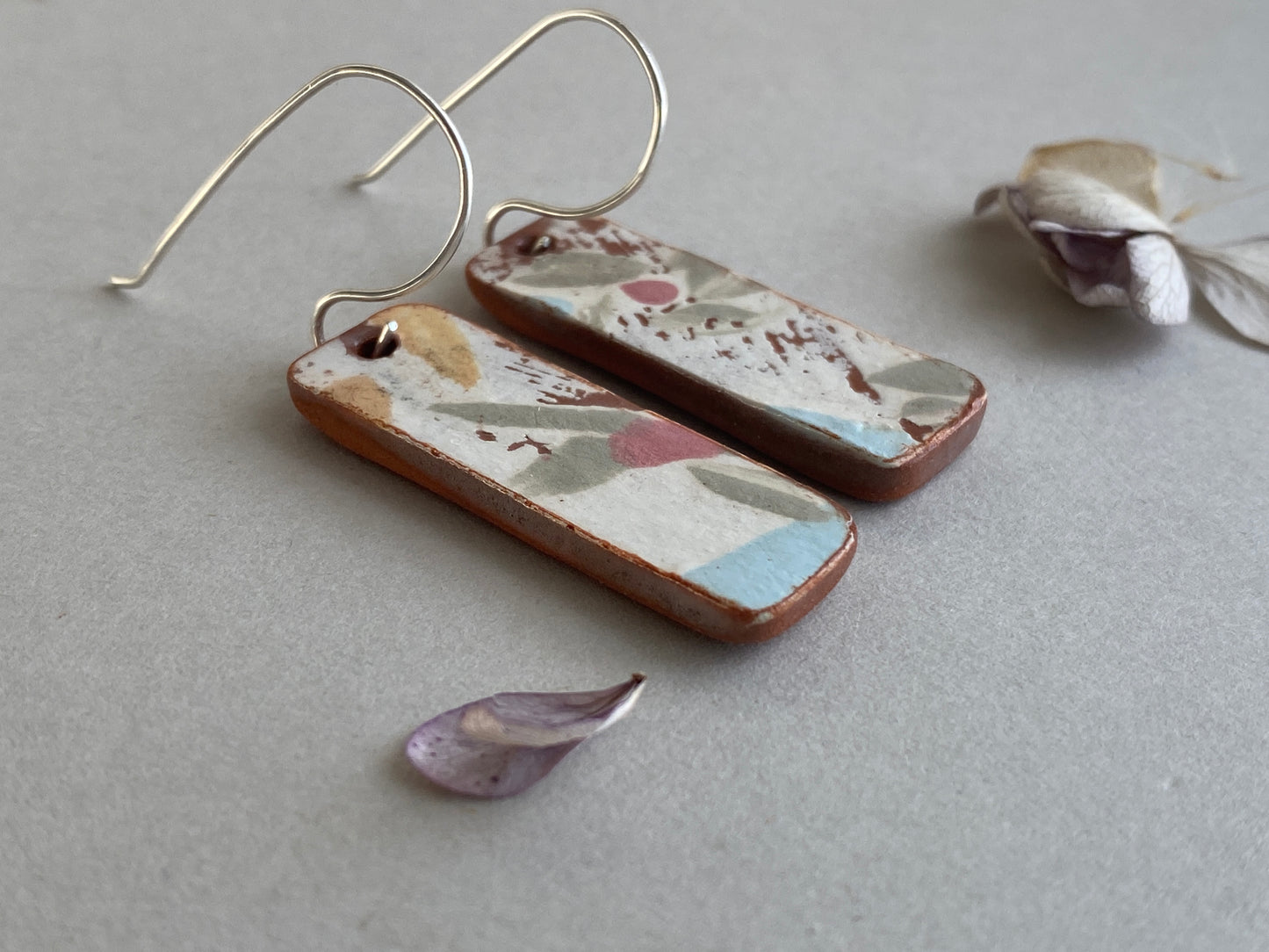 Vintage Botanical Clay Earrings Sterling Silver Drops