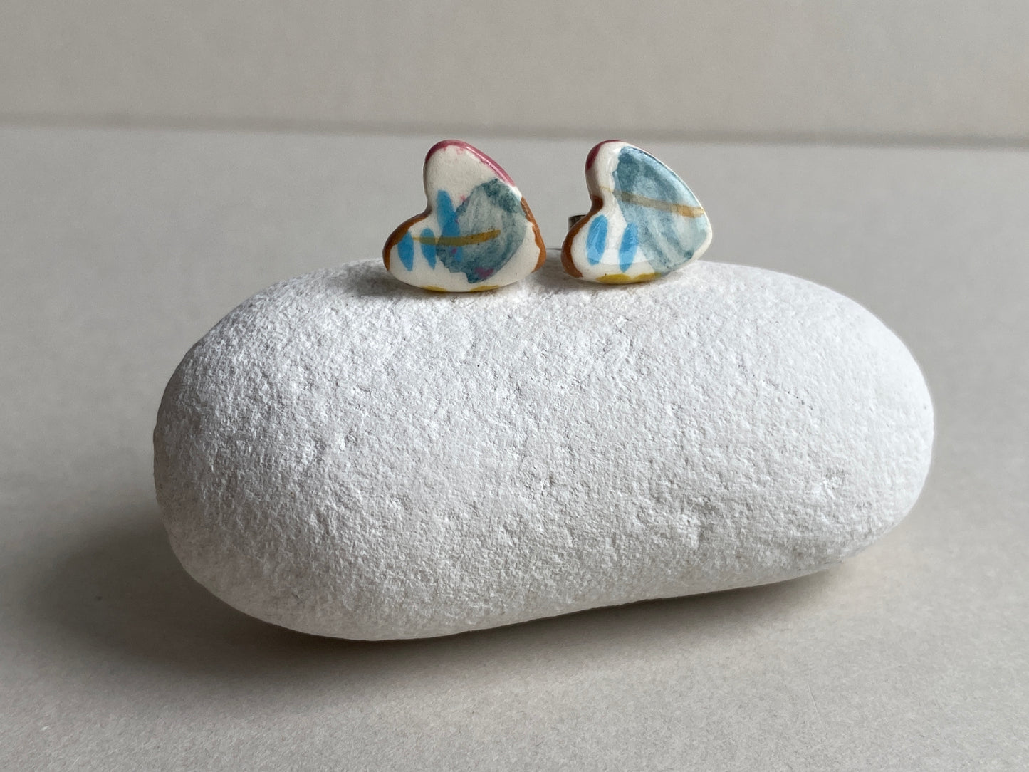 Heart Stud earrings handmade ceramic with Sterling Silver, coastal vibe