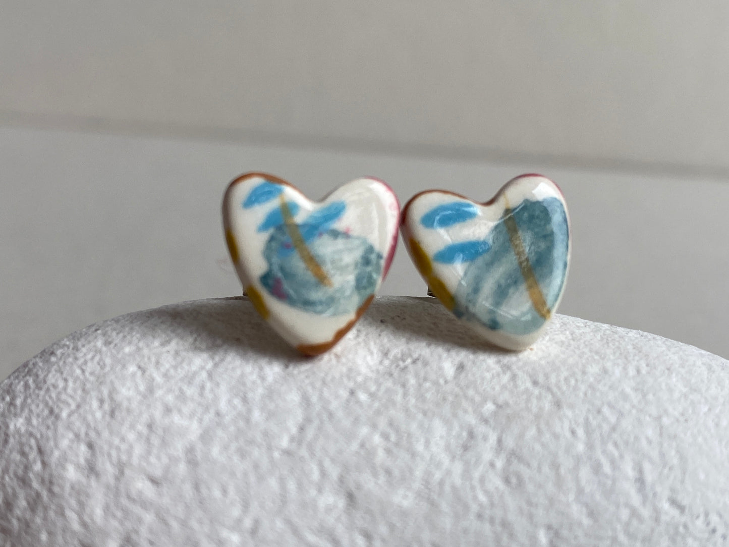 Heart Stud earrings handmade ceramic with Sterling Silver, coastal vibe