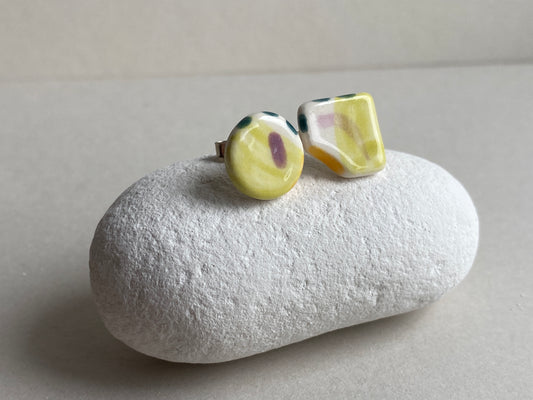 Handmade Ceramic Stud mismatched earrings with Sterling Silver