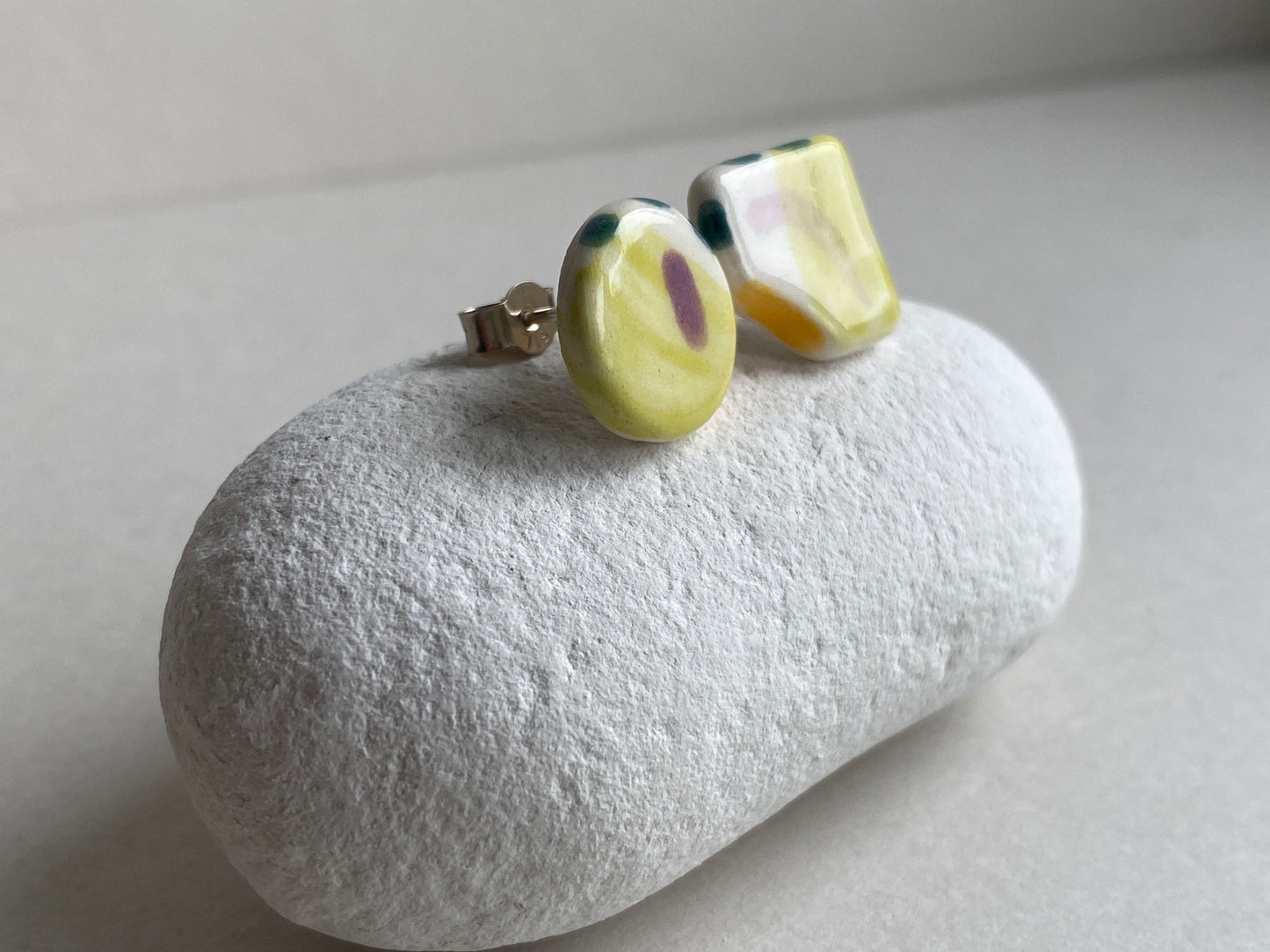 Handmade Ceramic Stud mismatched earrings with Sterling Silver