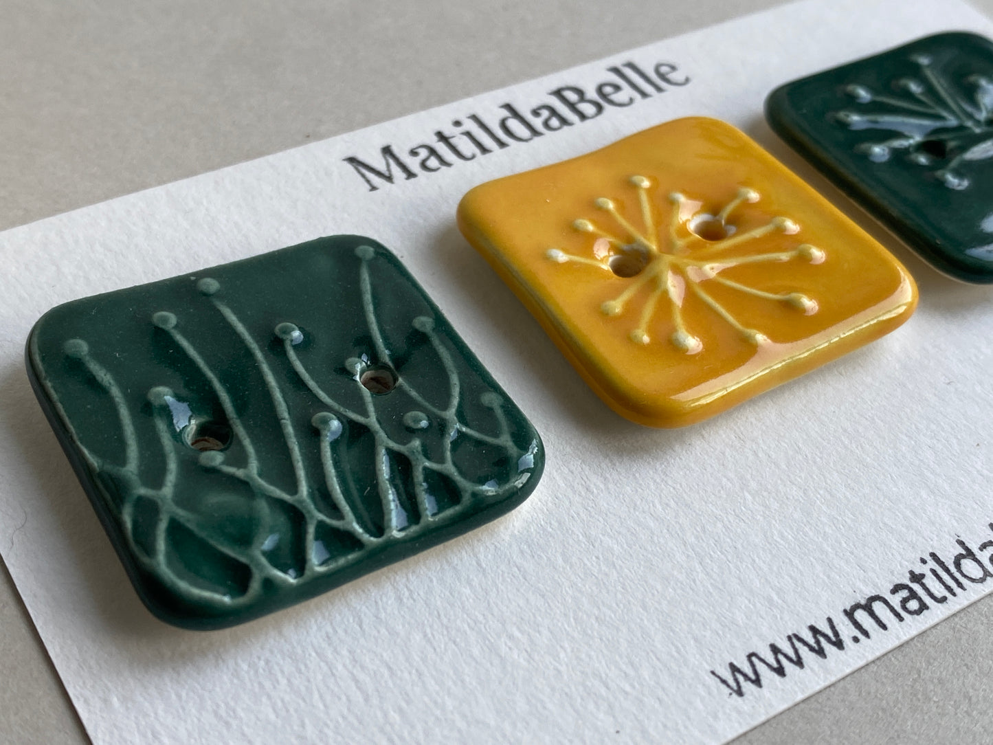 Buttons set of Three 33mm Botanical handmade Square Ceramic Buttons