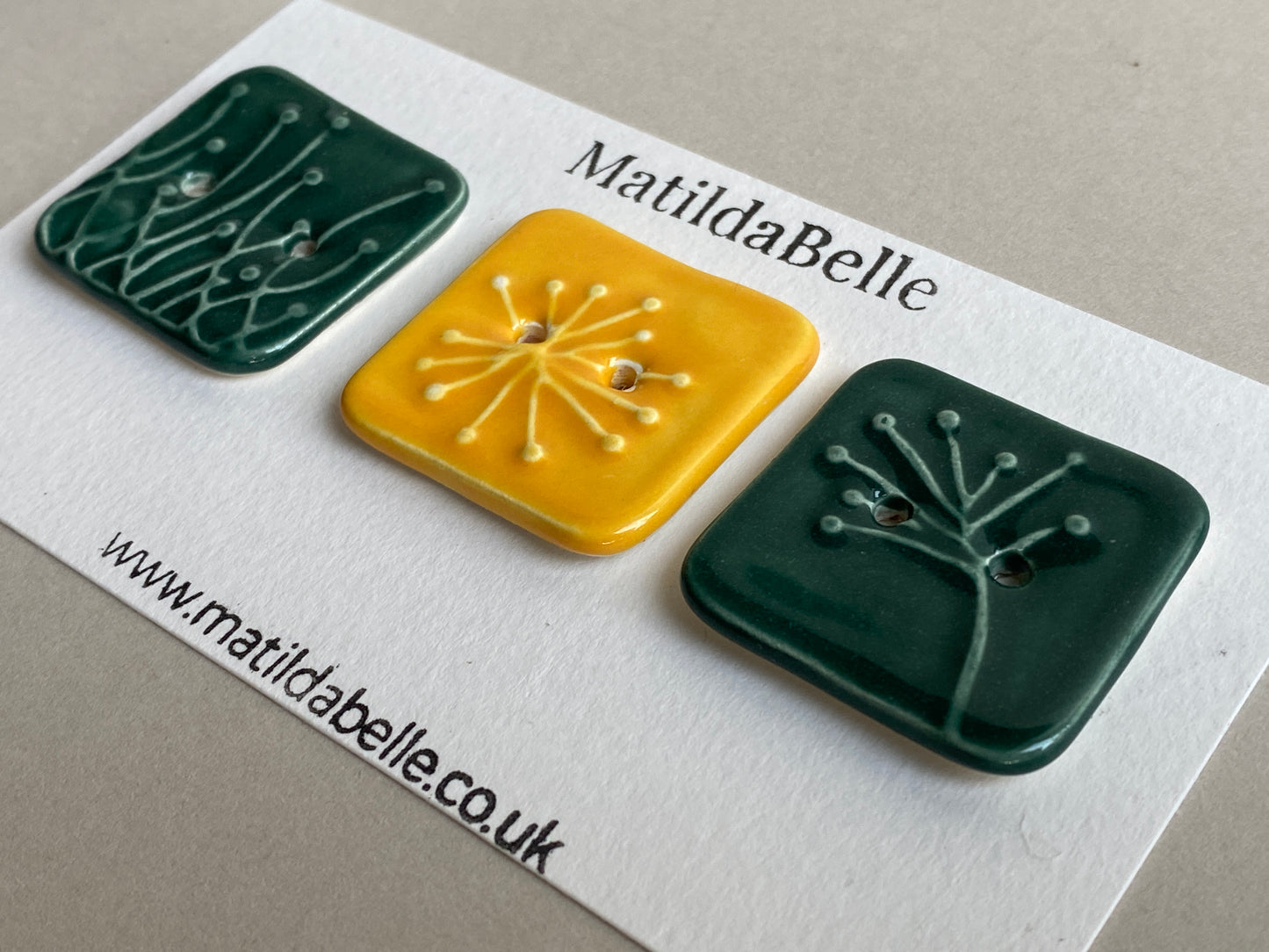 Buttons set of Three 33mm Botanical handmade Square Ceramic Buttons