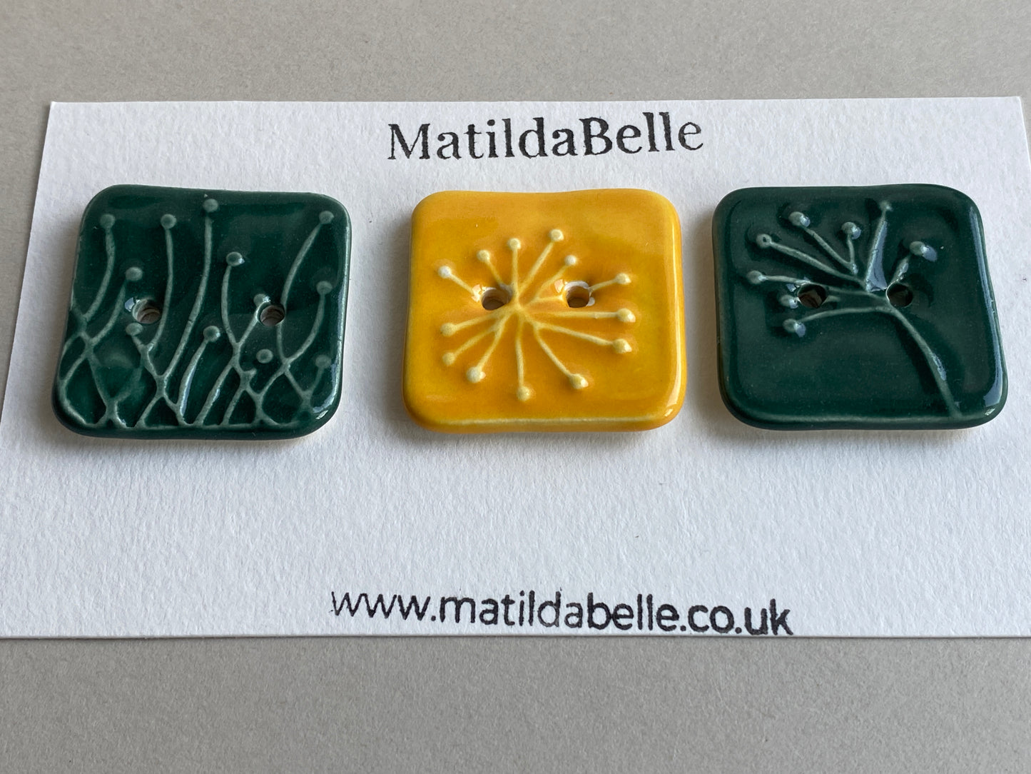 Buttons set of Three 33mm Botanical handmade Square Ceramic Buttons
