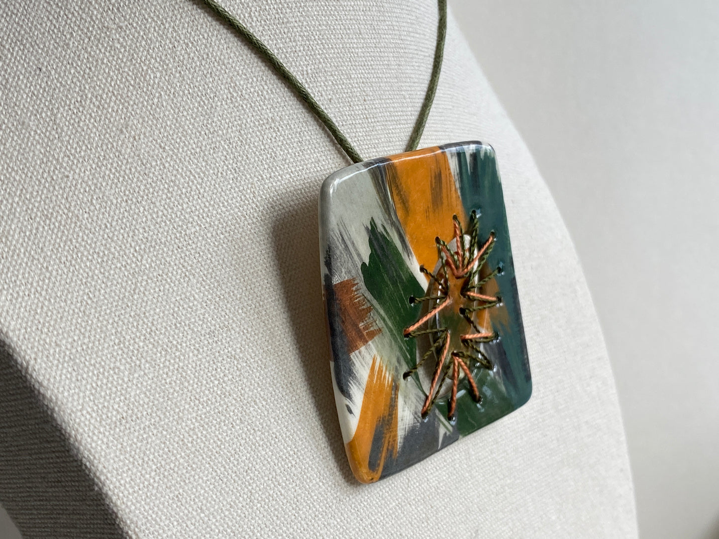 Handmade Ceramic Stitched Pendant Necklace Earthy Tones