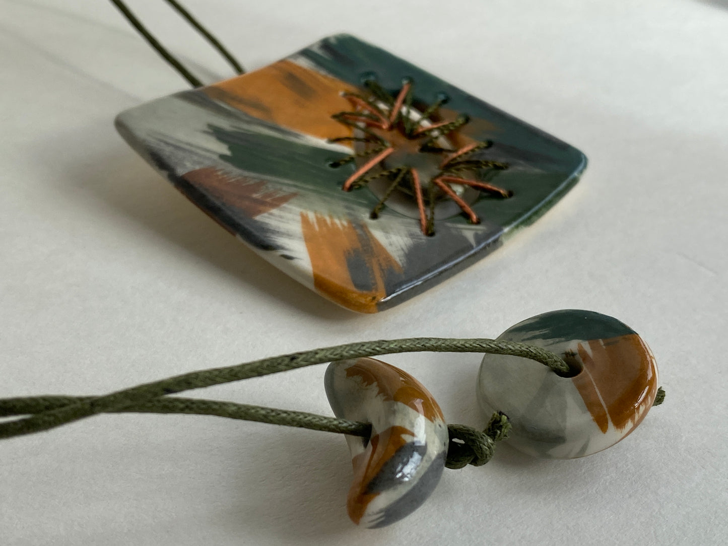 Handmade Ceramic Stitched Pendant Necklace Earthy Tones