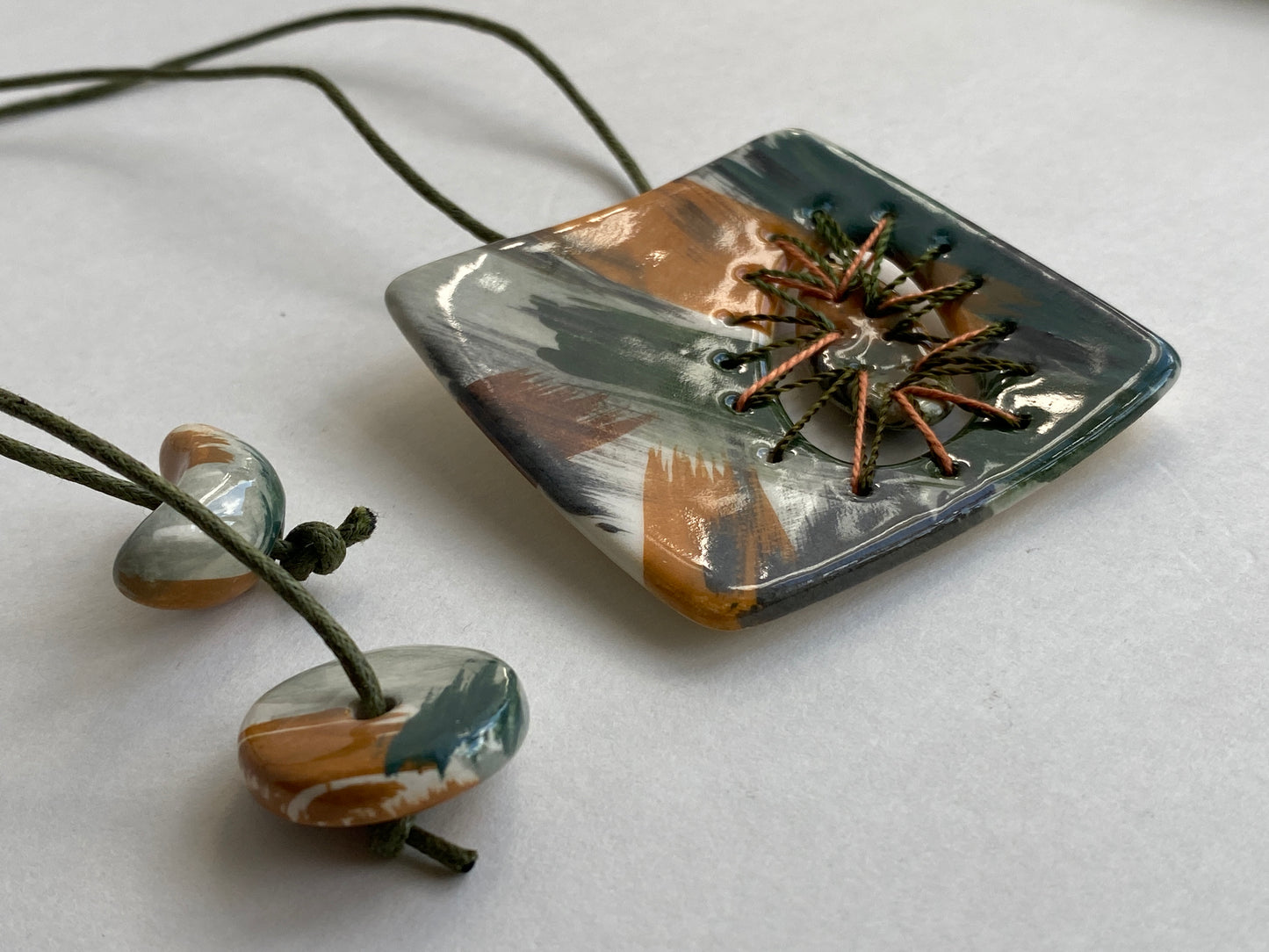 Handmade Ceramic Stitched Pendant Necklace Earthy Tones
