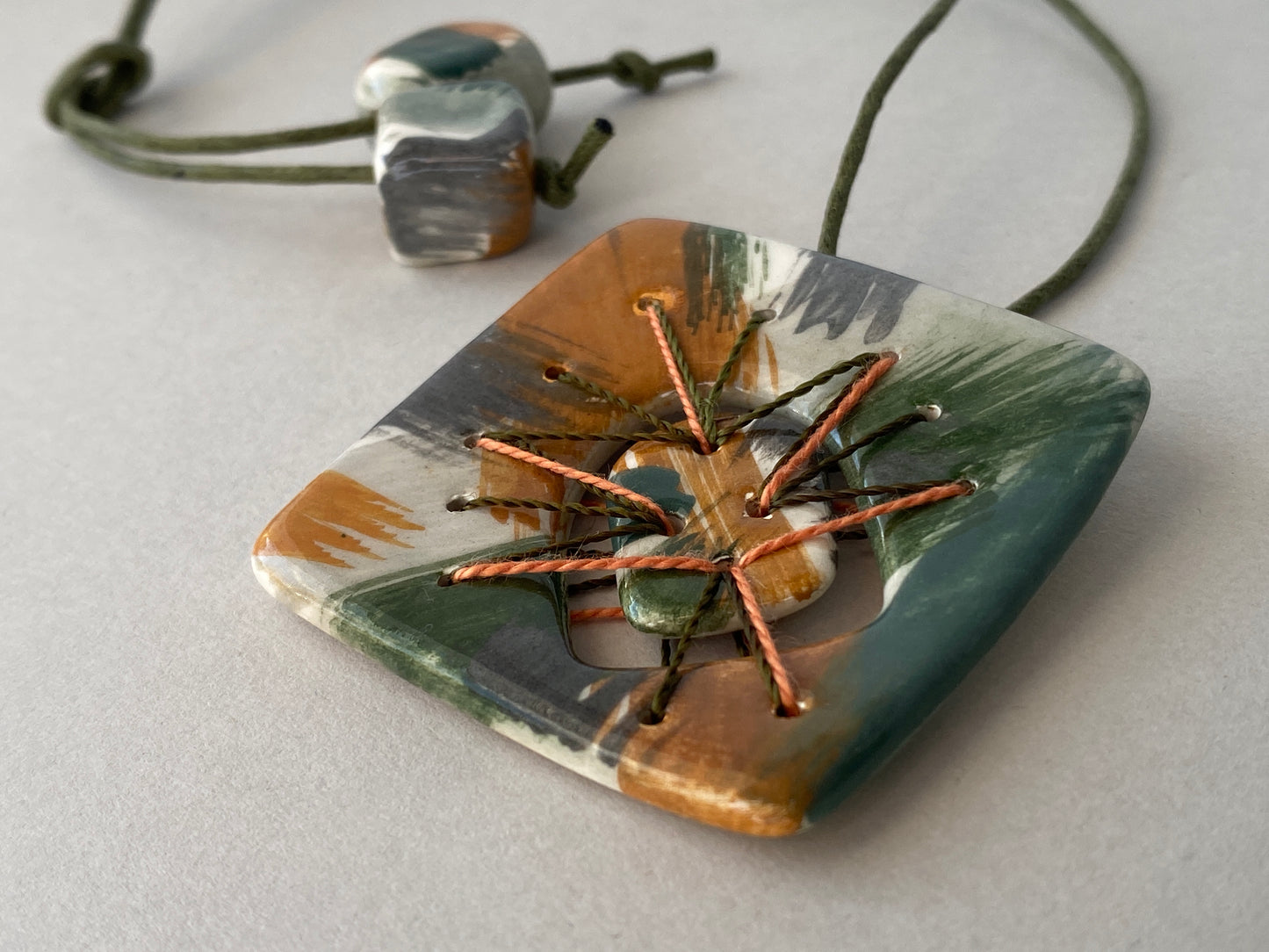 Handmade Statement Pendant Necklace with stitched Fragment