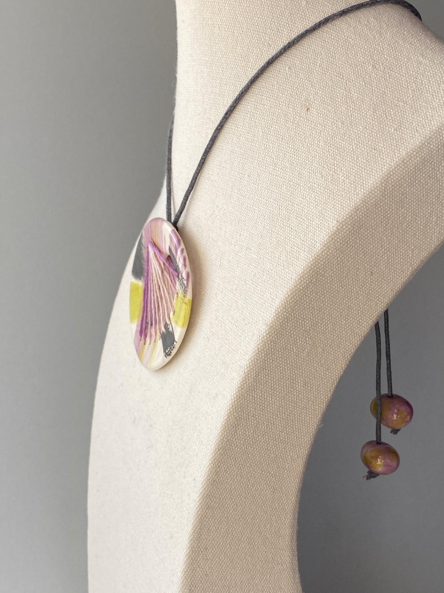 Handmade Ceramic Stitched Pendant Necklace large Oval Lilac and Lime