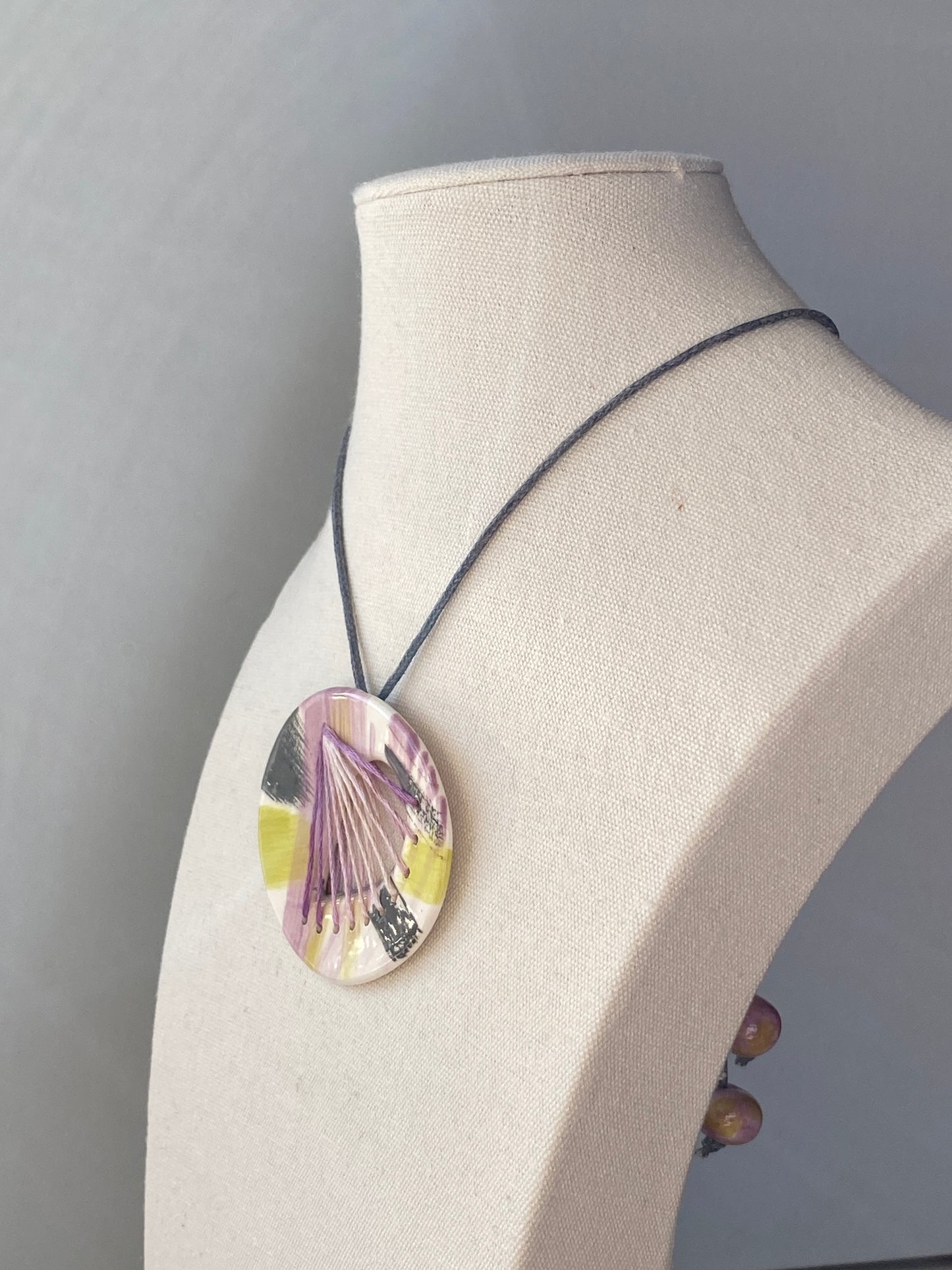 Handmade Ceramic Stitched Pendant Necklace large Oval Lilac and Lime