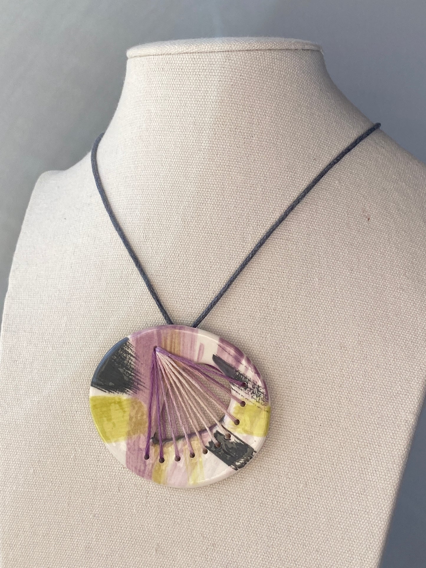 Handmade Ceramic Stitched Pendant Necklace large Oval Lilac and Lime