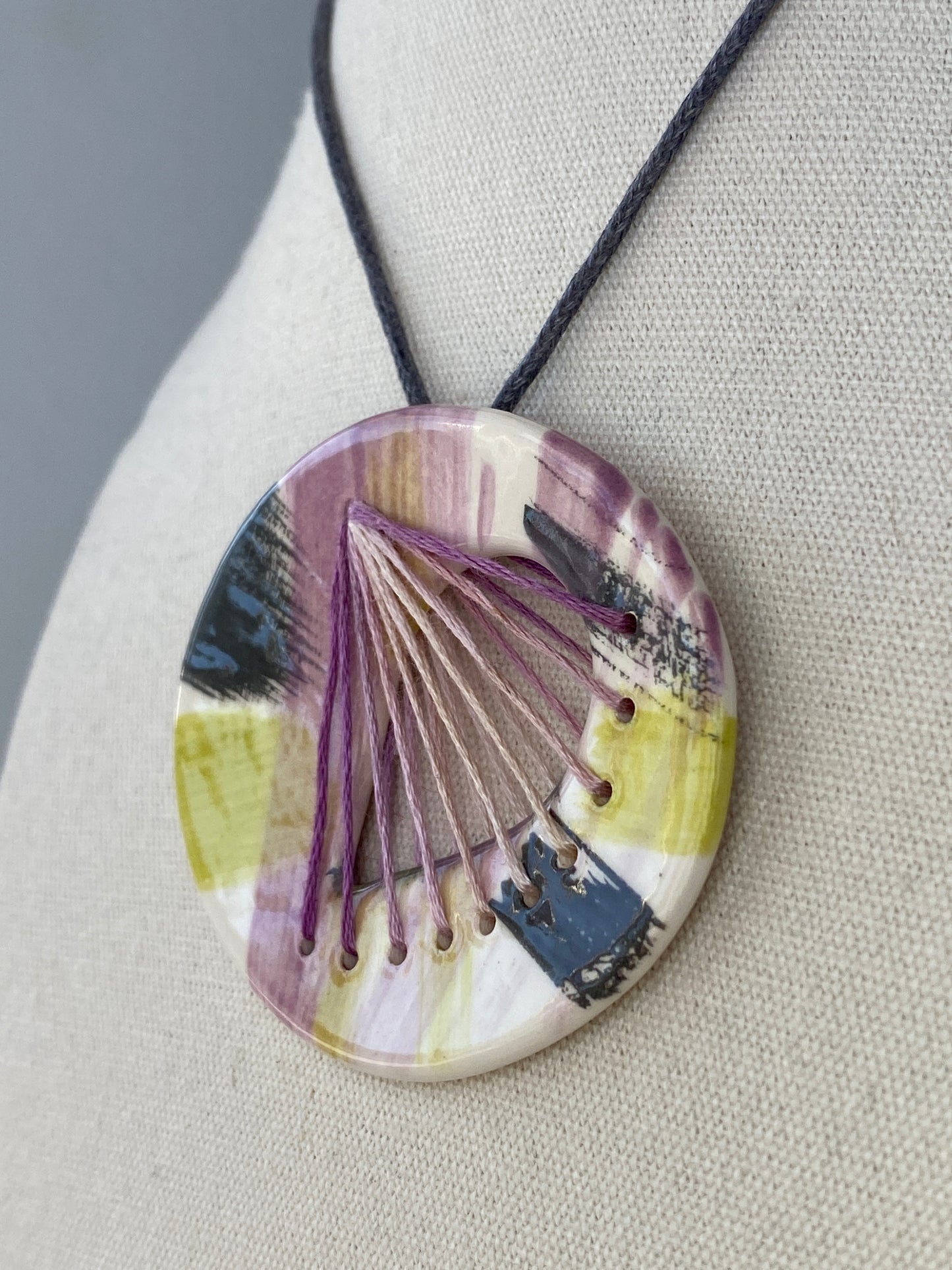 Handmade Ceramic Stitched Pendant Necklace large Oval Lilac and Lime