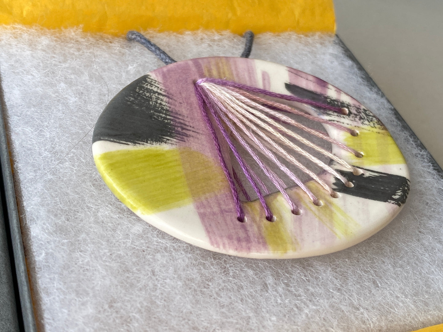 Handmade Ceramic Stitched Pendant Necklace large Oval Lilac and Lime