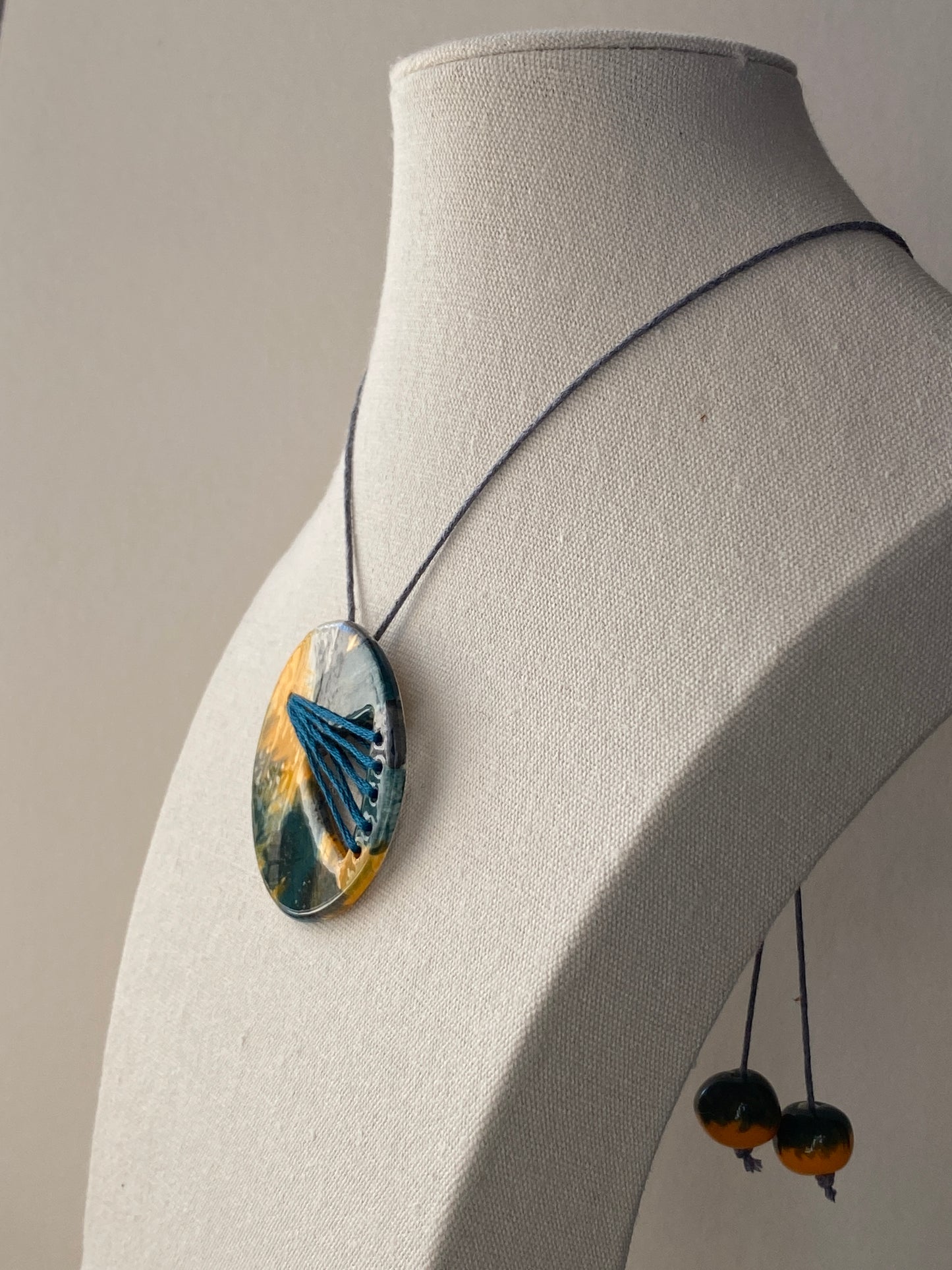 Handmade Ceramic Statement Pendant Necklace Round, Teal and Orange
