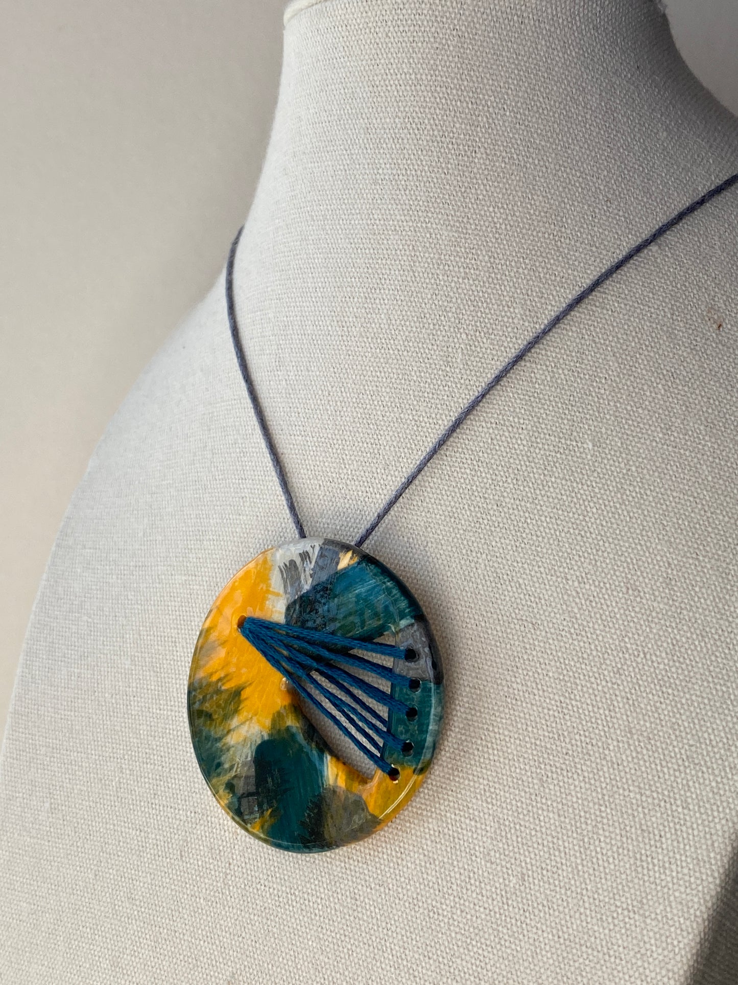 Handmade Ceramic Statement Pendant Necklace Round, Teal and Orange