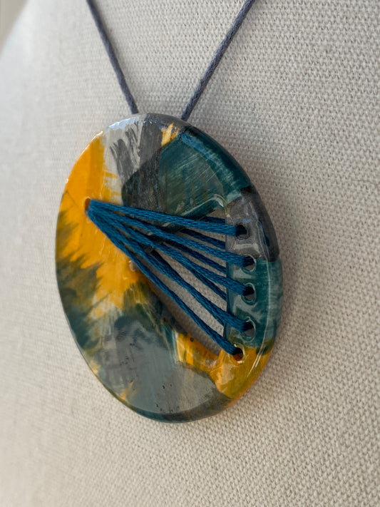 Handmade Ceramic Statement Pendant Necklace Round, Teal and Orange