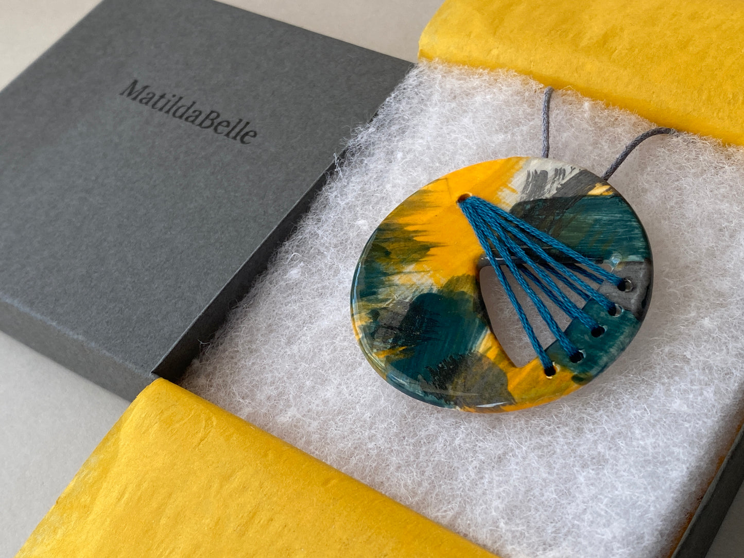 Handmade Ceramic Statement Pendant Necklace Round, Teal and Orange