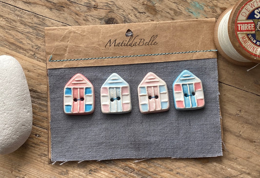 Set of 4, 30mm Handmade Pottery Beach Hut Buttons Mixed Pink and Blue