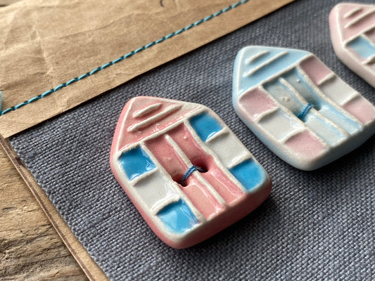 Set of 4, 30mm Handmade Pottery Beach Hut Buttons Mixed Pink and Blue